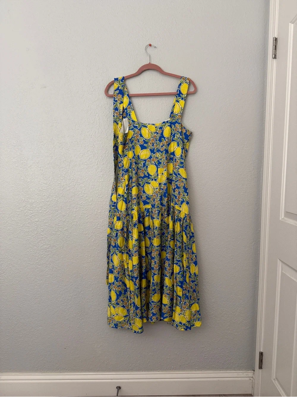 NWOT Yellow & Blue Lemon-Print Midi Dress with Tie Waist - Picture 11 of 16